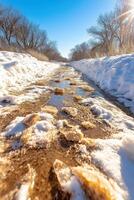 A frozen stream with ice and snow on the ground photo