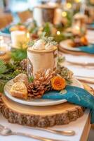 A table setting with candles, pine cones and other decorations photo