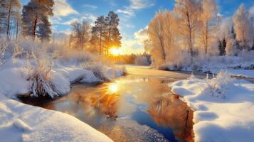 Winter landscape with the sun shining through the trees photo