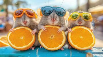 Three mice wearing sunglasses and holding oranges photo