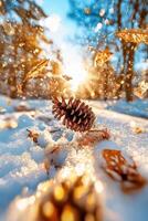 Autumn leaves falling on the ground in the snow photo