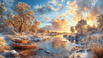 Winter landscape with boats on the river photo