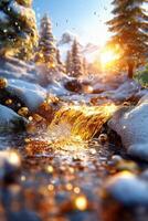 Winter landscape with snow and golden stream photo
