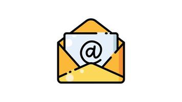 Open email envelope with an at symbol icon animation video