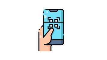 Hand holding a smart phone scanning a qr code icon animation video