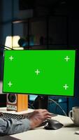 Vertical Trading engineer looks at e commerce diagrams and isolated copy space display, working from home to increase profit and obtain funding from shareholders. Expert evaluates statistics. Camera A. video