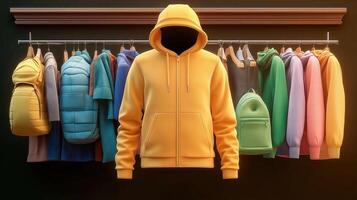A hoodie is hanging on a rack with a variety of clothes photo