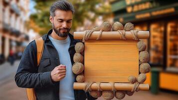 A man holding a wooden sign with nuts on it photo