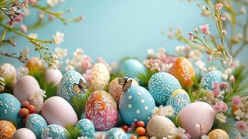 Easter eggs and flowers in the grass photo