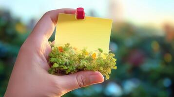 A person holding up a note with a plant on it photo