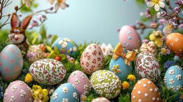 Easter eggs in the grass with flowers and bunnies photo