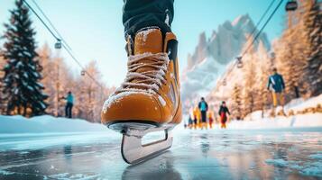 A person wearing skates on a snowy surface photo
