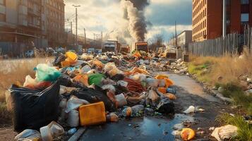 Garbage and trash on the street with smoke coming out of the building photo