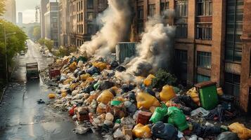Garbage dump in city with smoke coming out of it photo