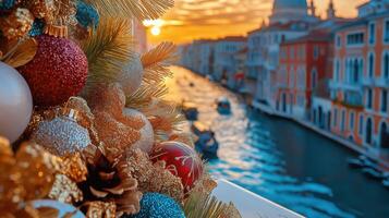 A view of a canal with christmas decorations photo