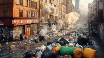 A city street with garbage and trash on the ground photo