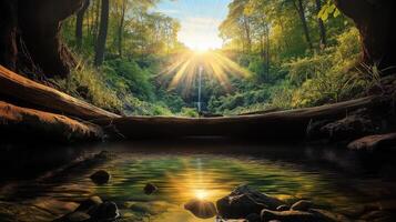 A beautiful forest scene with a stream and sun shining through photo