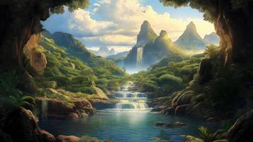 A beautiful landscape with waterfalls and trees photo