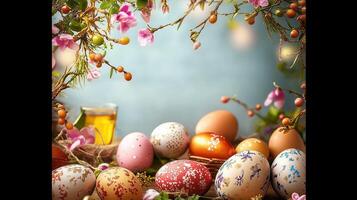 Easter eggs and flowers on a table photo