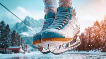 A pair of ice skates on a snowy surface photo