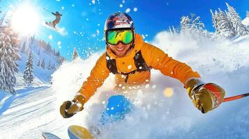 A man in yellow jacket skiing down a snowy slope photo