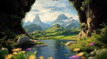 A beautiful landscape with a river and birds flying over it photo