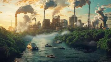 A city with factories and smoke stacks photo