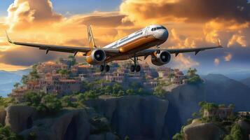 A plane flying over a mountain with a city in the background photo