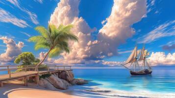 A sailboat on the beach with palm trees photo