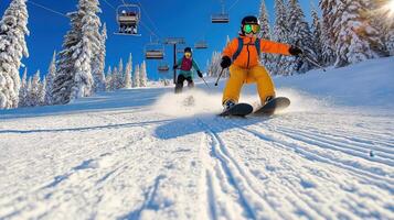 Two people riding skis down a snowy slope photo