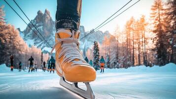 A person wearing yellow ice skates on a snowy trail photo