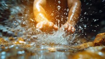 A person's feet are in the water with water splashing photo