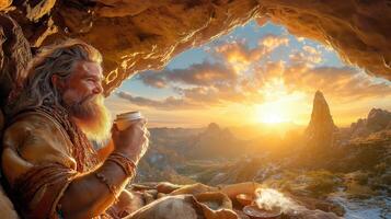An old man sitting in a cave with a cup of coffee photo