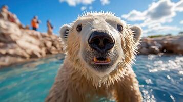 A polar bear is looking at the camera while swimming photo