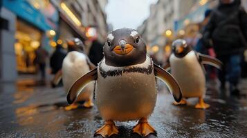 A group of penguins walking down a street photo