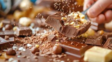 A person is scooping chocolate onto a chocolate bar photo