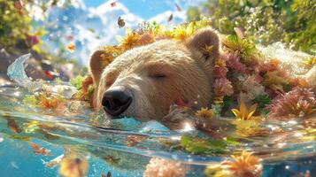 A bear with flowers in its hair swimming in the water photo