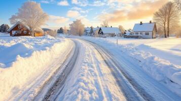 Winter road in the countryside with snow covered houses photo