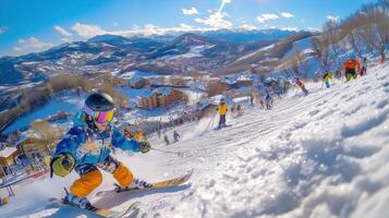 A child skiing down a snowy slope photo