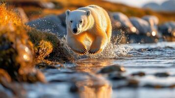 A polar bear running through the water photo