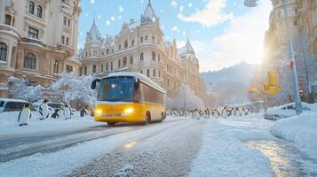 A yellow bus driving down a snowy street photo
