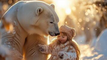 A little girl is standing next to a polar bear photo