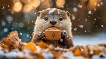 A cute otter holding a coffee cup in the snow photo
