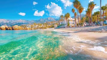 A beach with palm trees and a house on the shore photo