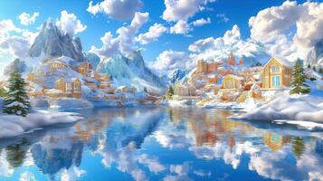 Winter village on the lake with snow and clouds photo