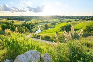 A beautiful view of a field with a river photo