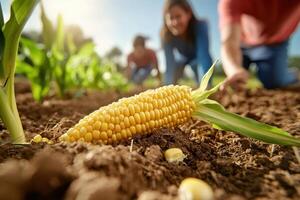 A group of people are picking corn from the ground photo