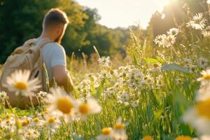 A man with a backpack walking through a field of daisies photo