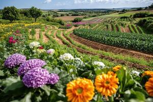 A field of flowers and vegetables in the countryside photo