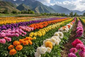 Colorful flowers in a field with mountains in the background photo